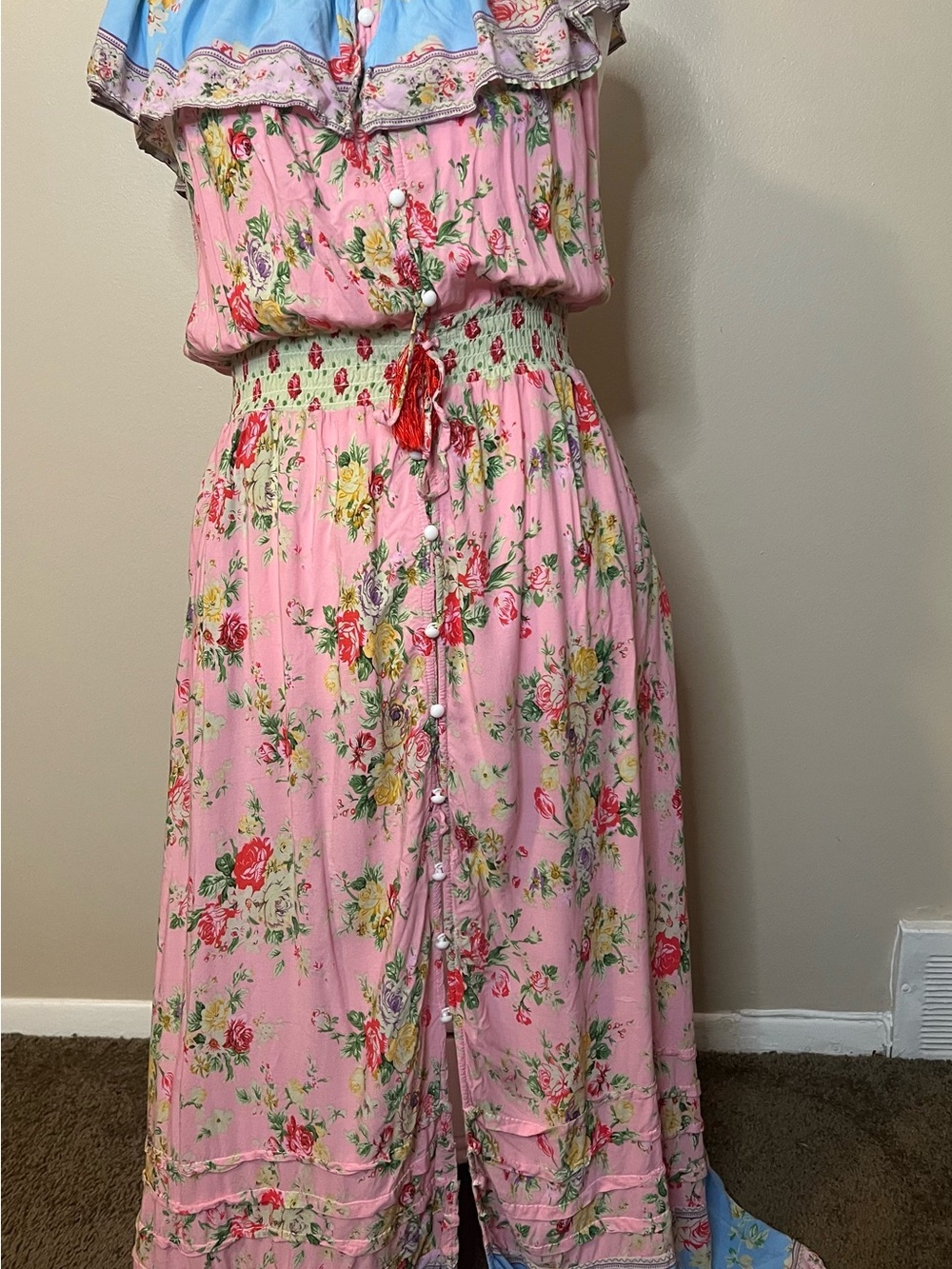 Floral Off The Shoulder Maxi Dress With Ruffle Bodice And Smocked Bodice